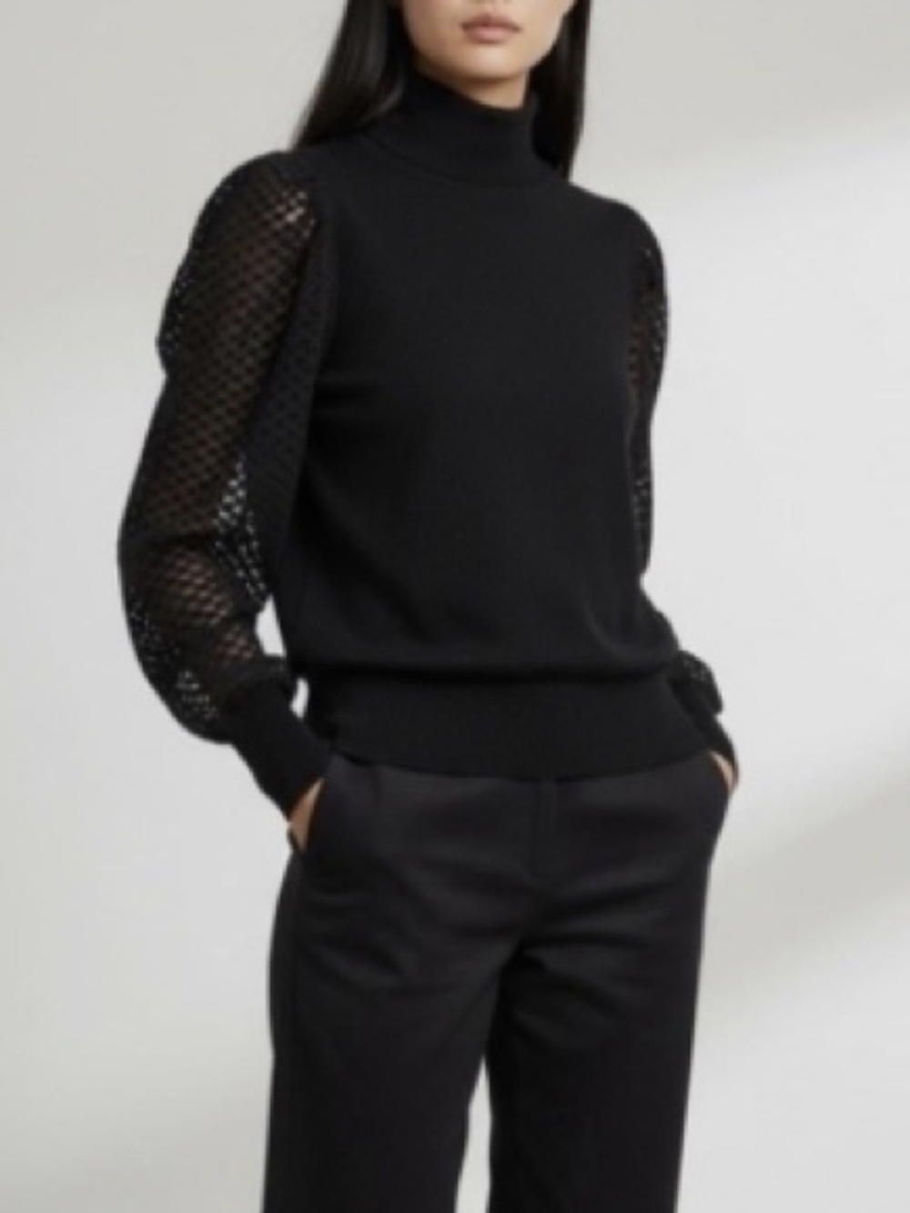 EUC Zara Black Turtleneck Sweater with Sheer Puff Sleeves Size Small